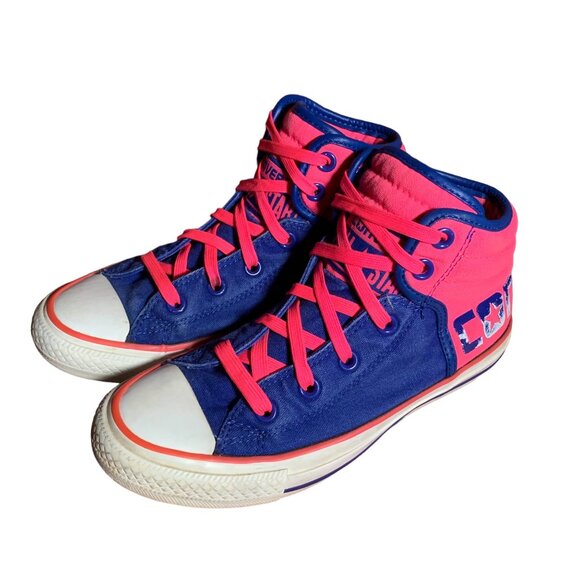 Converse Sneakers Juniors 5 Womens 7 Hot Pink Blue Spell Out High Top Shoes RARE - Picture 9 of 11